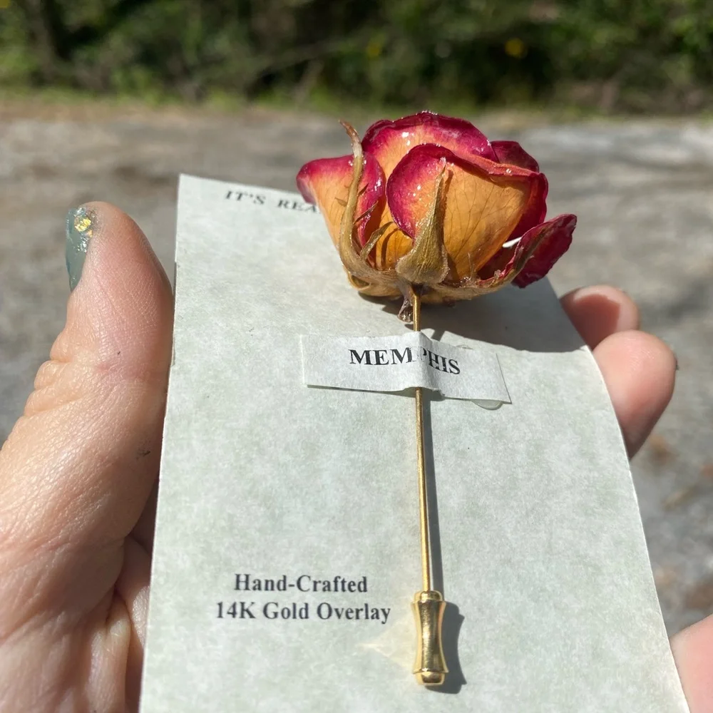 Vintage Handmade Real Rose Stick Pin 14K Gold Overlay Puspa-Danaya